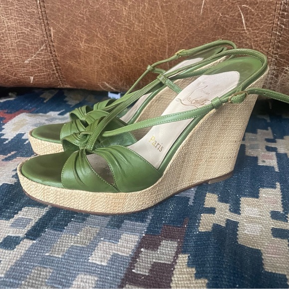 Christian Louboutin Green Leather Strappy Wicker Wedge Sandals Size 37 - Picture 4 of 12